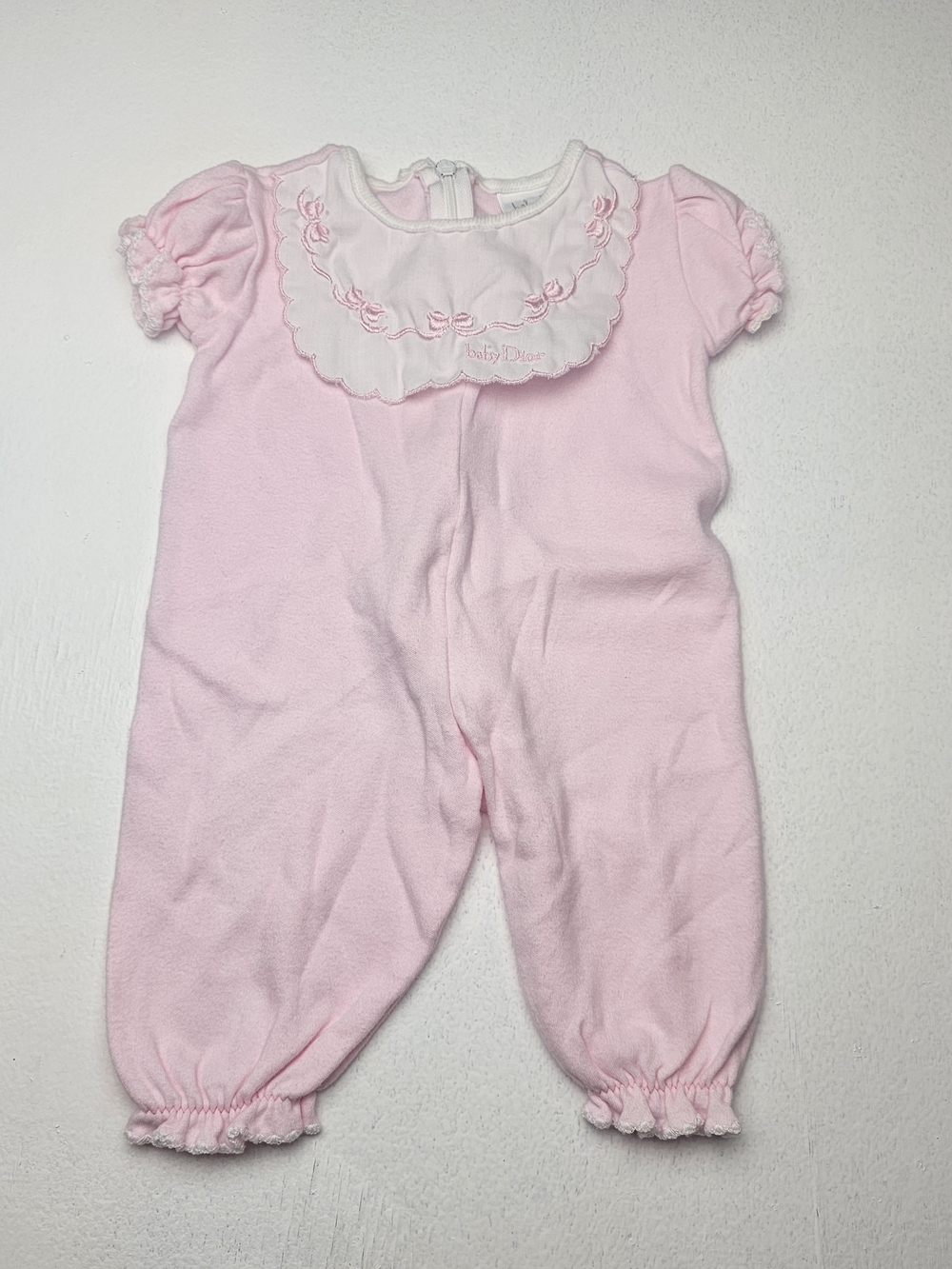 Vintage Baby Dior Pink Embroidered Collar One-Piece Romper Size 3 Month